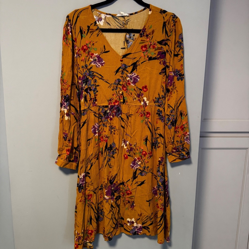 Gilli Mustard Yellow Floral‎ Print Long Sleeve Casual Mini Dress - Size M